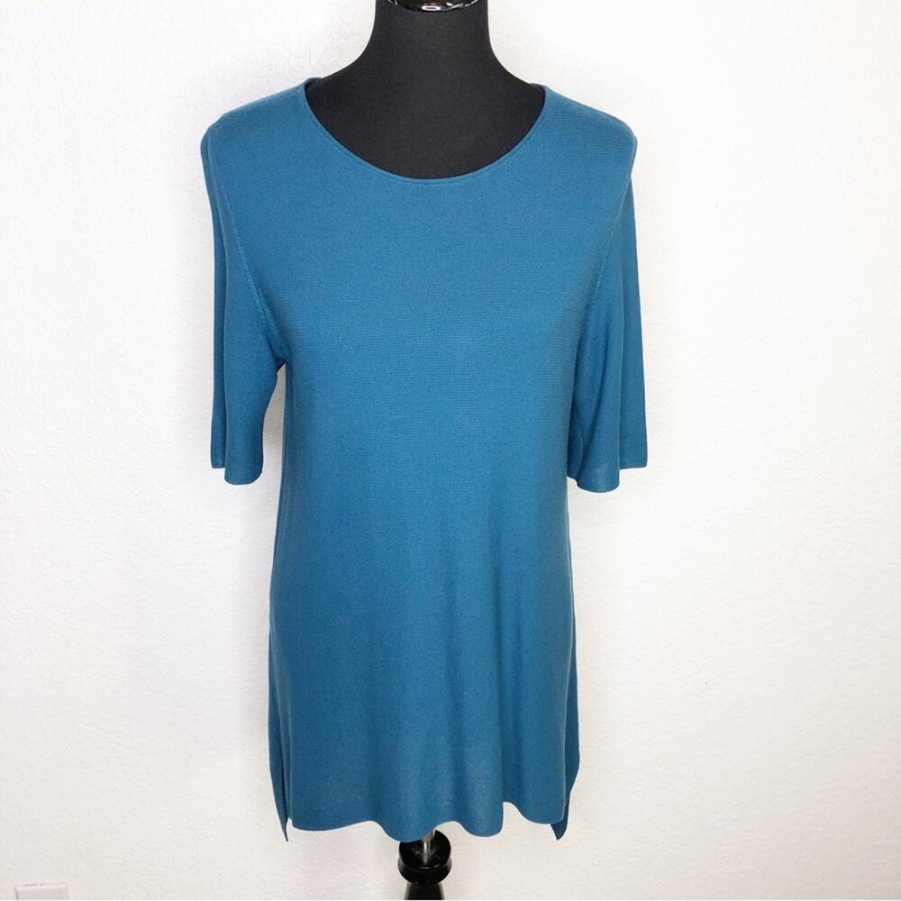 Eileen Fisher teal blue lightweight knit tunic top size Medium